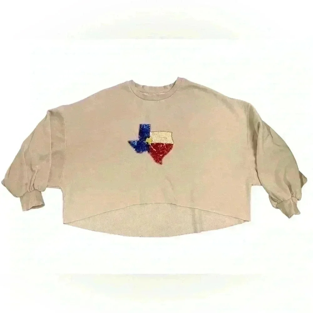 Mamie Ruth Texas Cropped Puff Sleeve Sweatshirt